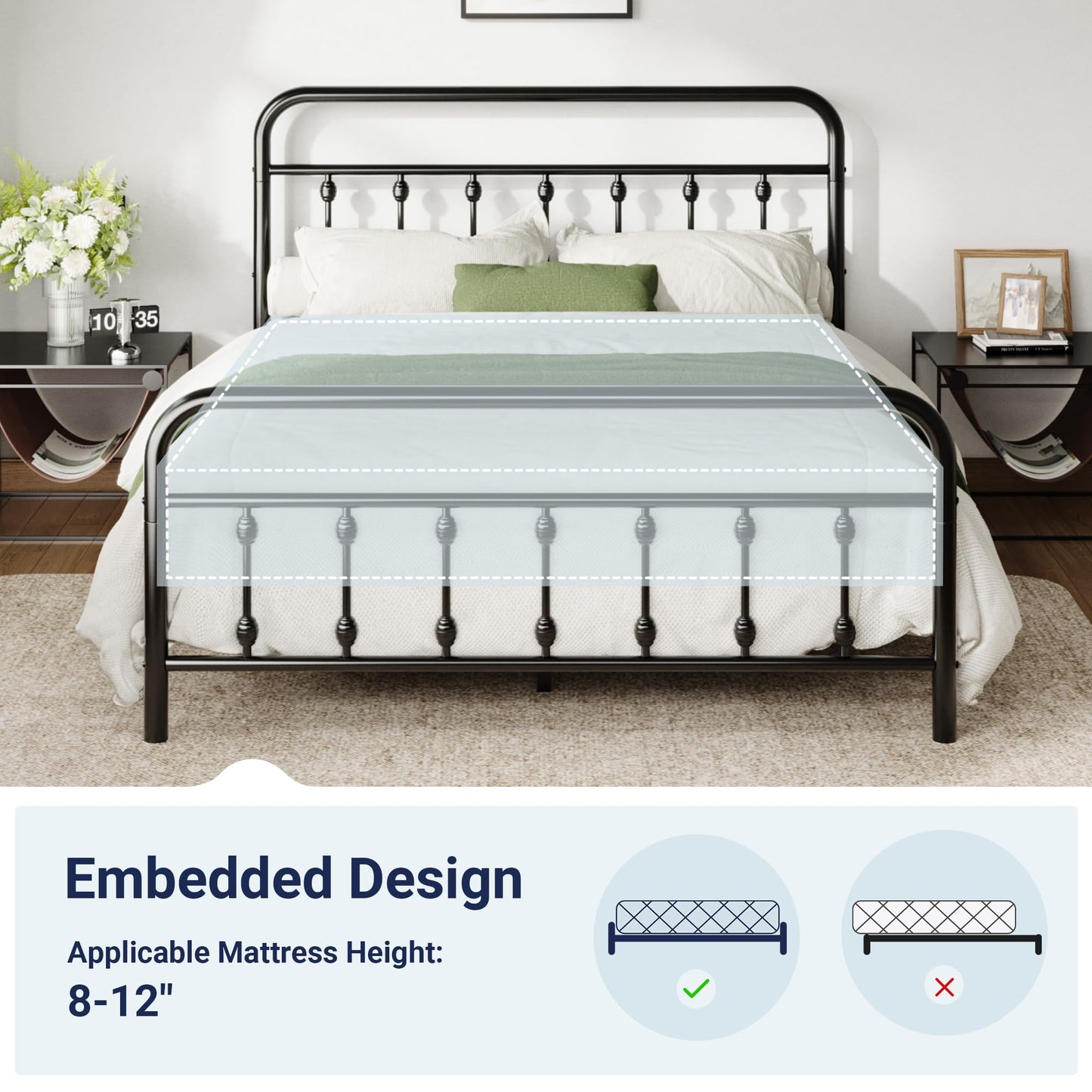 Allewie 14 Inches Queen Size Metal Platform Bed Frame with Victorian Style Iron-Art Headboard/Footboard, Mattress Foundation, Easy Assembly, Under Bed Storage, No Box Spring Required, Black