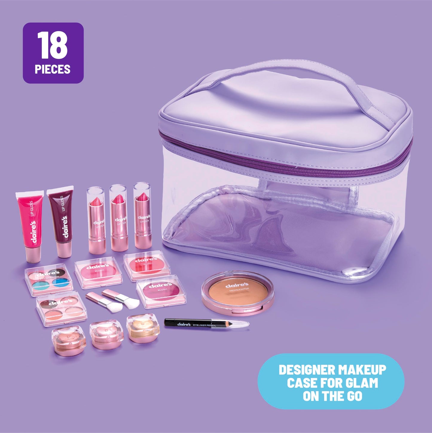 Claire's Ultimate Makeup Kit, 18-Piece Real Cosmetic Set, Makeup for Kids 8-12, Girl Toys & Beauty Activity Gift with Lip Gloss, Lipstick, Eyeshadow, Eyeliner, Blush, Highlighter & Carry Case