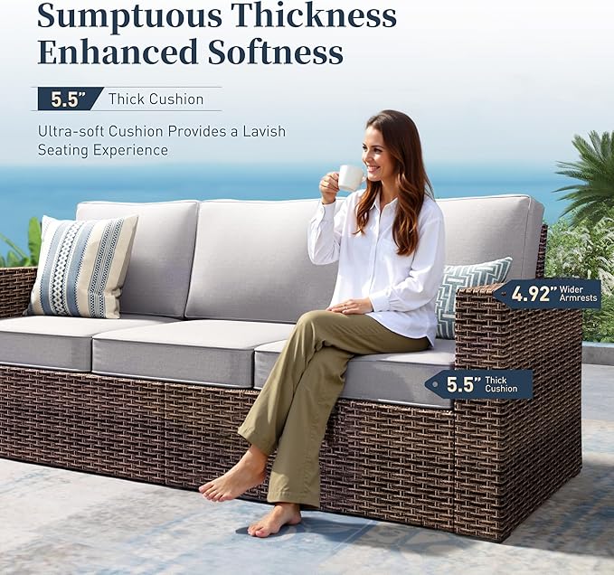 SUNSHINE VALLEY Swivel Glider 4 Piece Patio Furniture Set with Swivel Chairs, Patio Set with 4.92" Extra Wide Armrest, Wicker Patio Furniture with 26.3" Deep Seating and 5.5" Thick Cushions, Grey