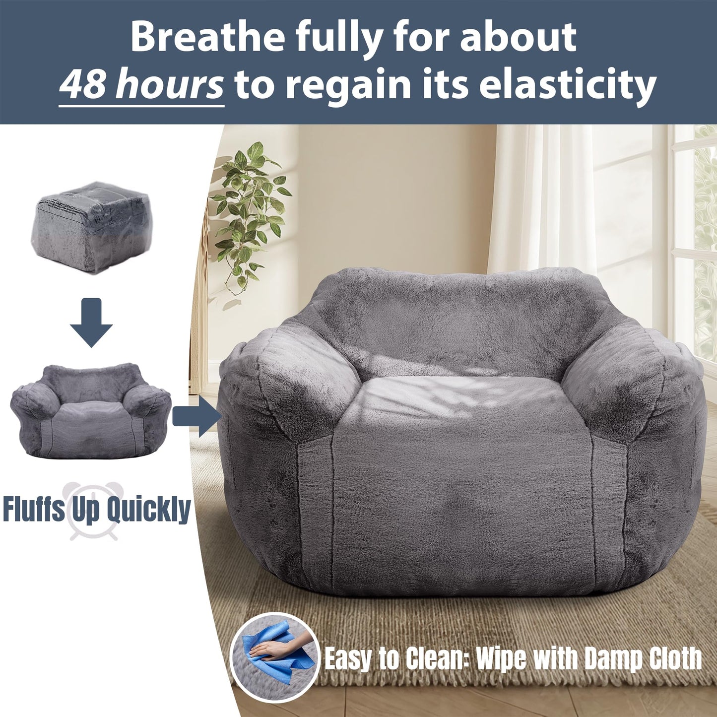 Thoustars Large Bean Bag Chairs for Adults - Oversized Memory Foam Filled Bean Bag Sofa | Fluffy Adult Bean Bag Chair, Big Bean Bag Chairs for Living Room, Bedroom & Dorm - Dark Gray