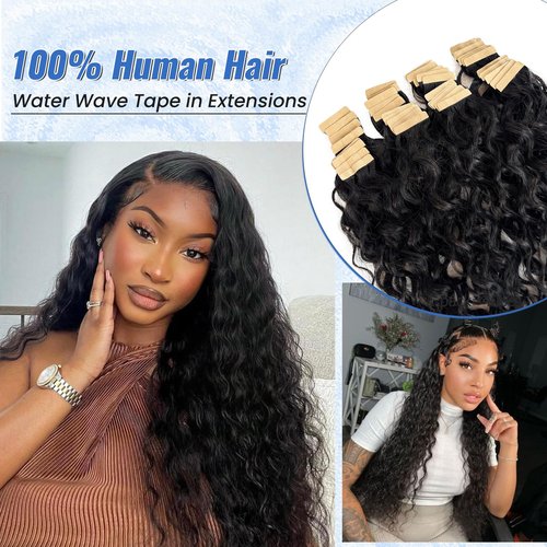 Water Wave Hair Extensions Tape in Weft Hair Extensions Real Human Hair 100G 40 Pieces Remy Curly Tape in Hair Extension Human Hair #1B Black Water Wave Tape ins 20 Inch 2 Sets for Full Head