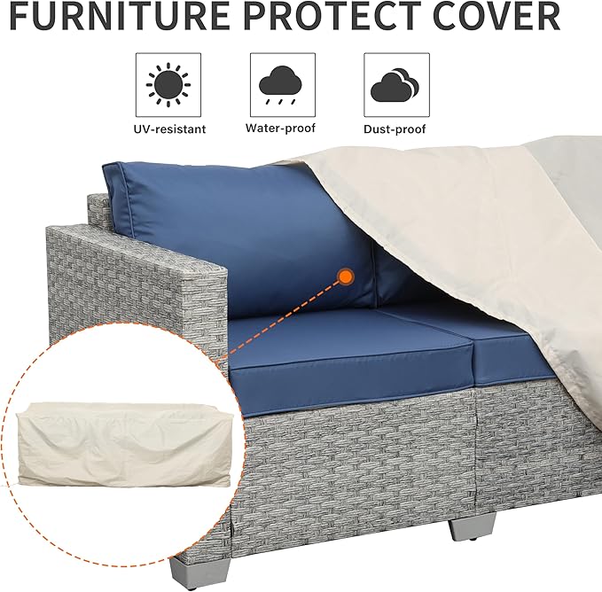 WAROOM Outdoor Couch 3 Seater Wicker Patio Sofa Grey Rattan Deep Seat Balcony Furniture Porch Seating with Navy Blue Cushion