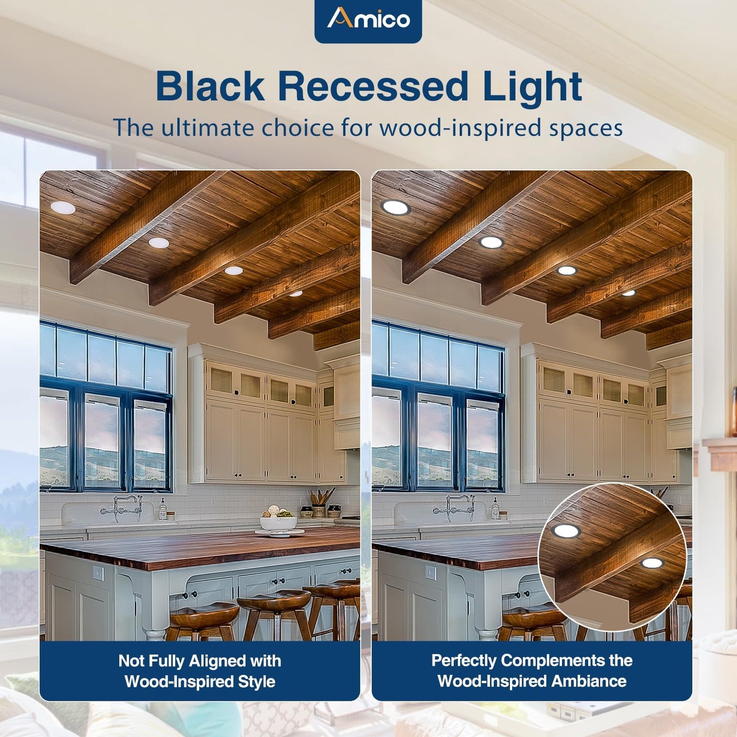 Amico 4 Pack 4 Inch Black 5CCT Ultra-Thin LED Recessed Light with Junction Box, 2700K/3000K/3500K/4000K/5000K Selectable, 10W Eqv 60W 800LM Dimmable Canless Wafer Downlight, ETL & FCC