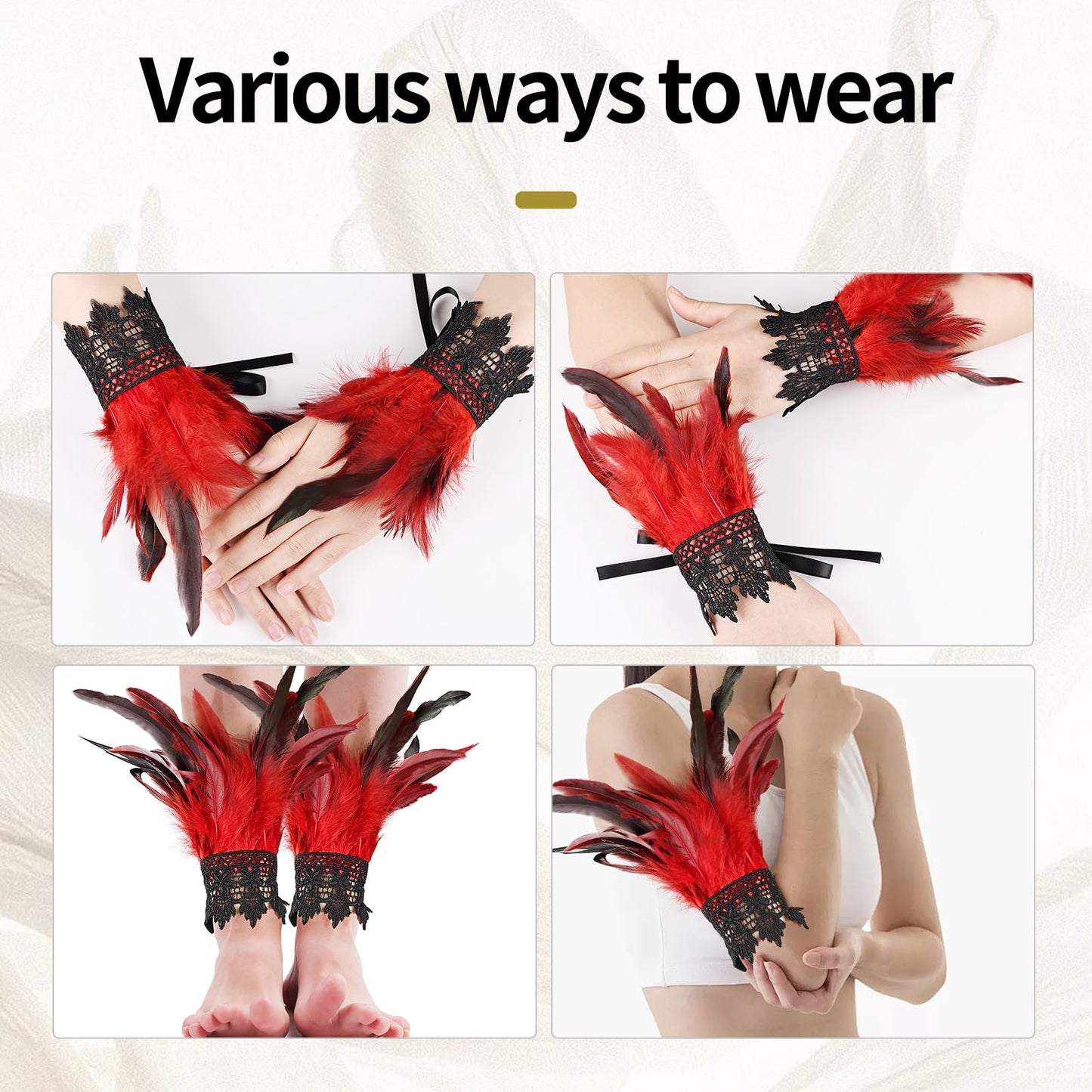 MAOFENG Women's Gothic Lace Feather Gloves Feather Arm Sleeve Wristband Mesh Cuff Cosplay Wedding Halloween Party Costume Accessories,Red