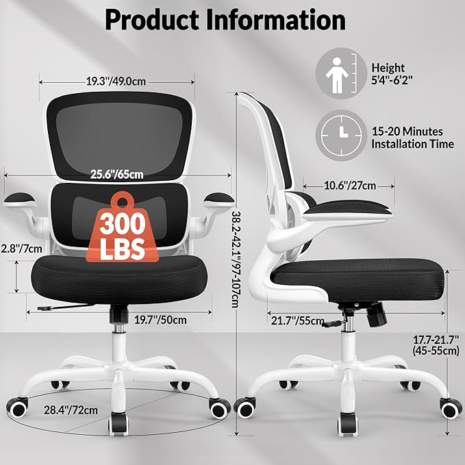 BESTFAIR Office Chair Ergonomic Desk Chair, Breathable Mesh Comfy Chair with Lumbar Support, Computer Chair, Home Desk Chair with Flip-up Armrests, Gaming Chair for Adults Home Office (White)