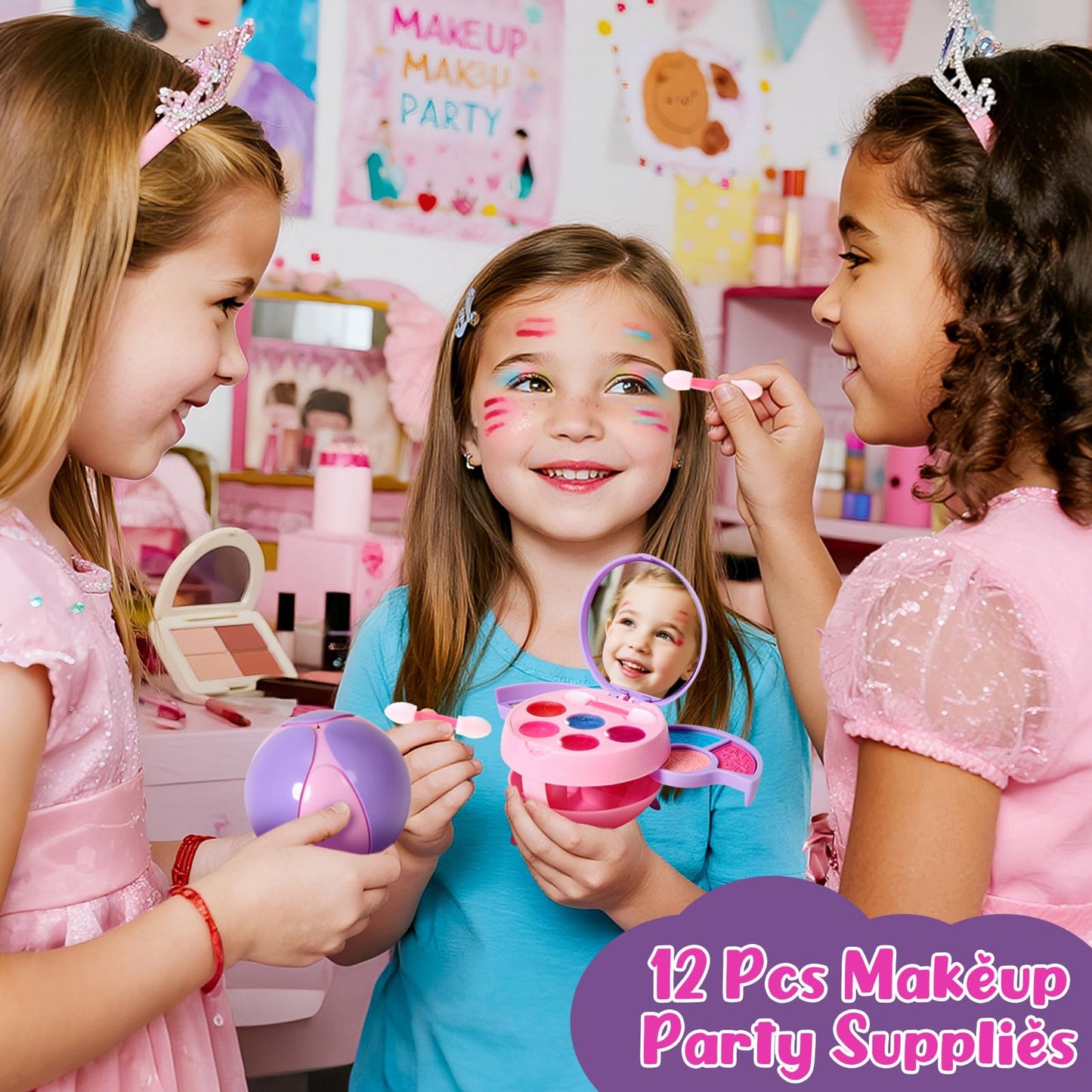 Cleboen 12 Pack Kids Makeup Blind Ball Party Favors - Surprise Cosmetic Blind Balls with Lip Gloss, Eyeshadow & Sponge Blusher (3 Styles, 2 with Mirrors), Party Favors Supplies Gifts for Girls