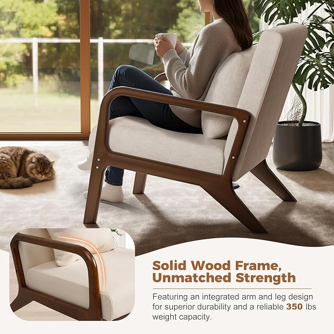 ELUCHANG Mid-Century Modern Chair,Accent Chair with Lumbar Pillow,Upholstered Armchair,Linen Fabric Comfy Reading Chair Beige, Linen, Set of 1
