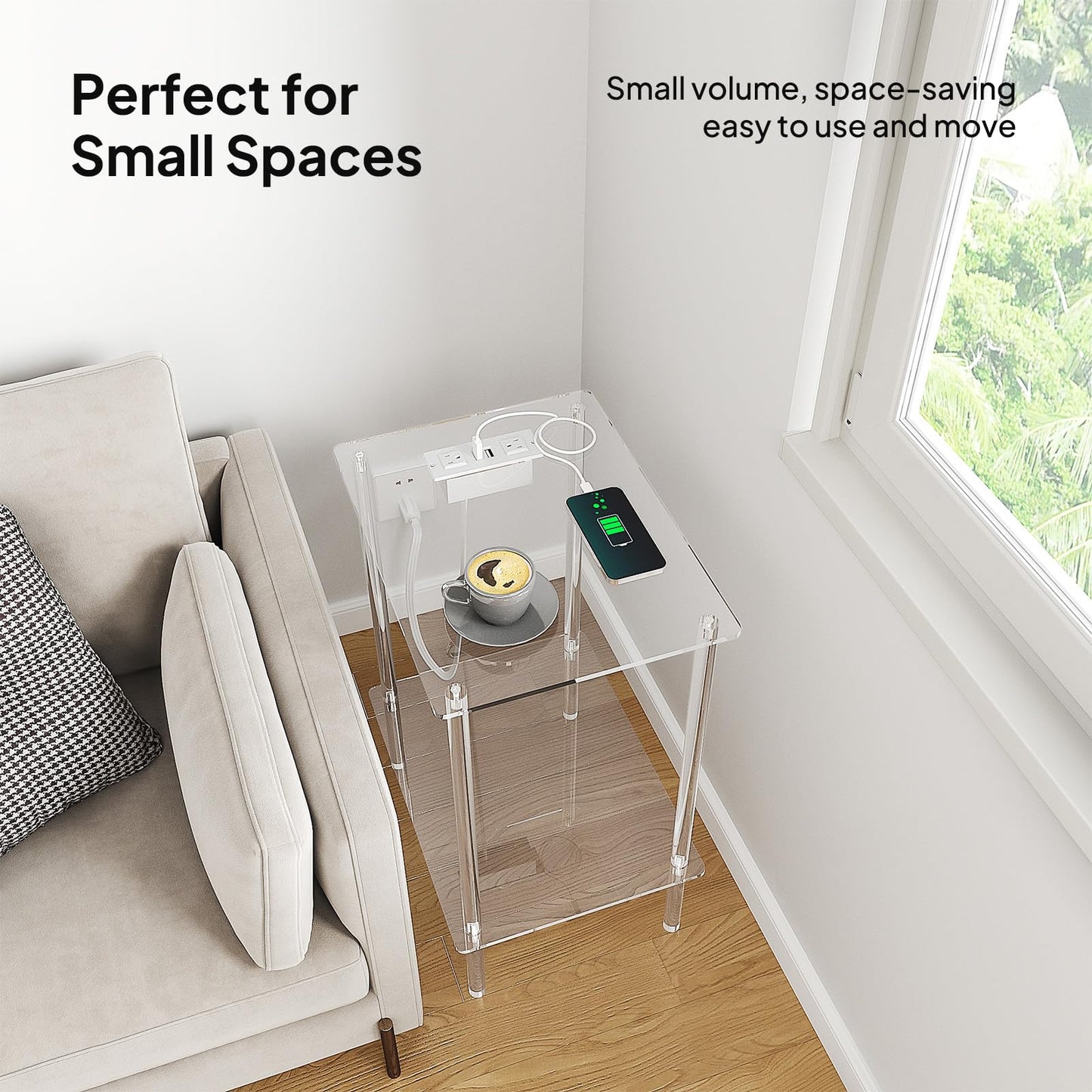 Eglaf Acrylic Side Table Set of 2 with Charging Station & USB Ports - Small End Table - Nightstand Bedside Table for Living Room, Bedroom - 15.7'' L x 11.8'' W x 21.7'' H, 2 Tier
