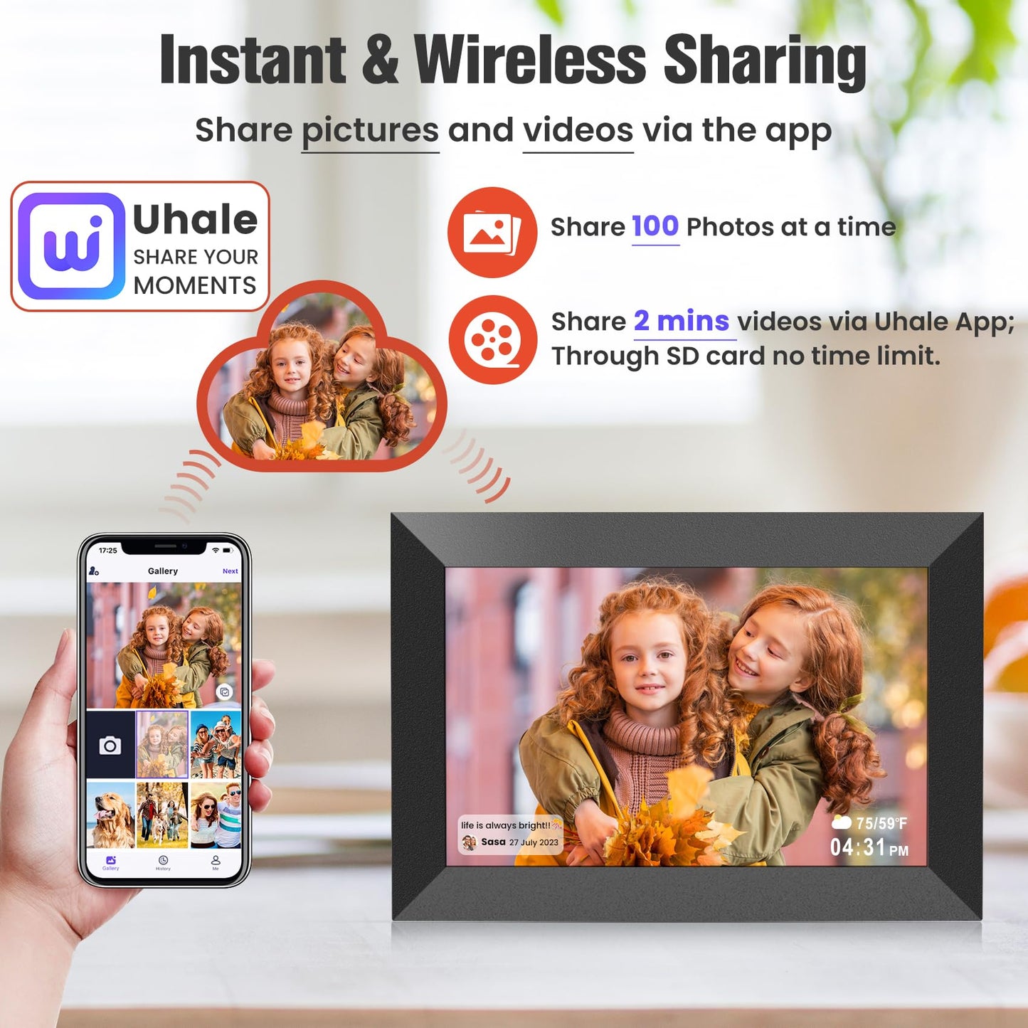 BIGASUO 10.1 Inch WiFi Digital Picture Frame, IPS HD Touch Screen Cloud Smart Photo Frames with Built-in 32GB Memory, Wall Mountable, Auto-Rotate, Share Photos Instantly from Anywhere