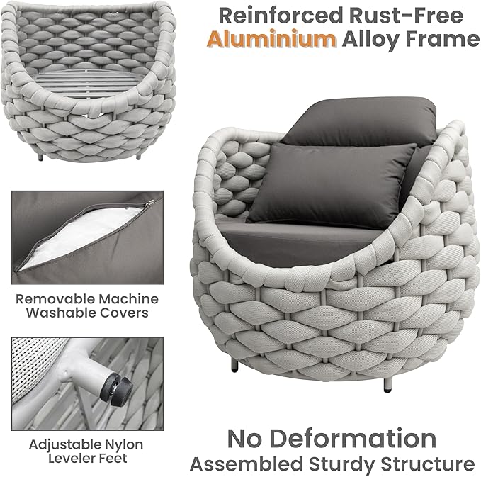 Erotr Rope Patio Furniture Set: 4 Pieces Aluminum Outdoor Couch Set Cushioned - Assembled Conversation Sofa Set Modern - Metal Porch Seating for 5 Person - All Weather for Deck Garden Poolside Hotel
