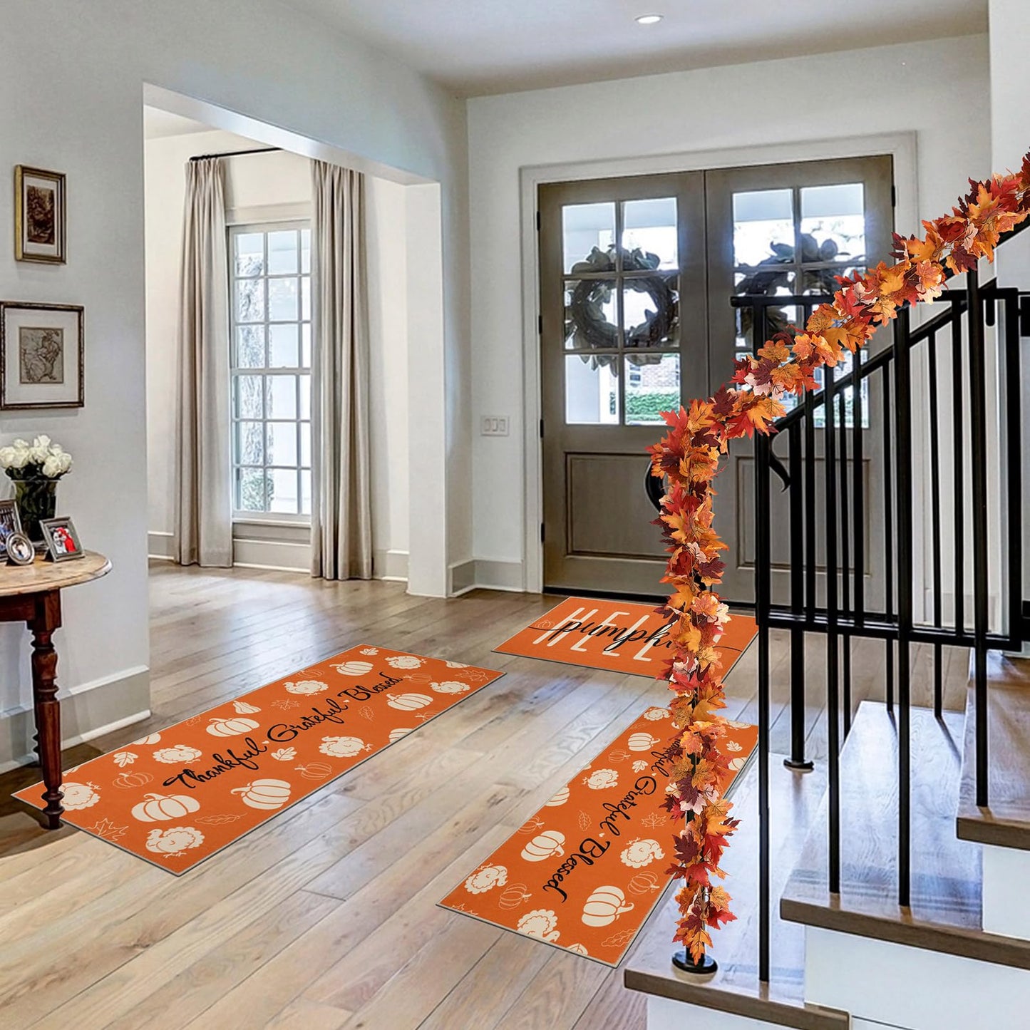 Ileading Fall Kitchen Rugs Set of 3, Washable Kitchen Mats for Floor, Non Slip Thanksgiving Kitchen Rugs and Mats Decor, Autumn Harvest Hello Pumpkin Floor Carpet for Kitchen Hallway Laundry Room