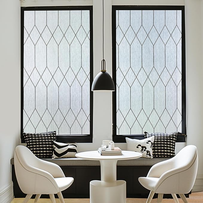Windimiley Window Privacy Film Stained Glass Static Clings, Bathroom Frosted Leaded Decorative Window Stickers, UV Heat Blocking Opaque Removable for Home Door Coverings (23.6 x 118.1in,Rain)