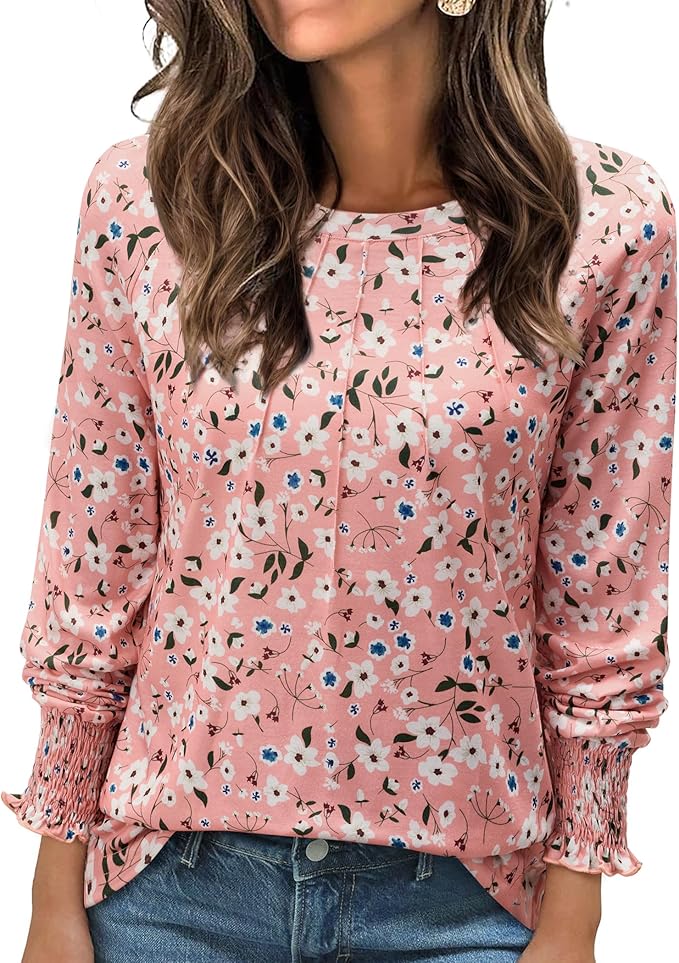 Womens Long Sleeve Shirts Spring Fashion Dressy Tops Cute Crewneck Blouses Casual Pleated Front Tunic Tops