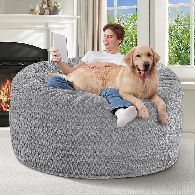 HABUTWAY 4FT Bean Bag Chair,Giant Bean Bag Chairs for Adults,Big Bean Bags with Memory Foam Filled, Large Beanbag Chairs with Chevron Plush Cover-Grey