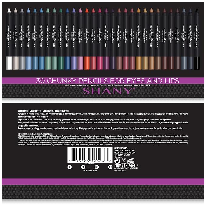 SHANY Chunky Eyeshadow Pencils Lip Liner, Eyeliner, Eye Pencils - Multi-Use Chunky Pencils for Eye Shadow, Lip Makeup, Lipstick with Vitamin E,Aloe Vera - Gift Box - Set of 30 Colors