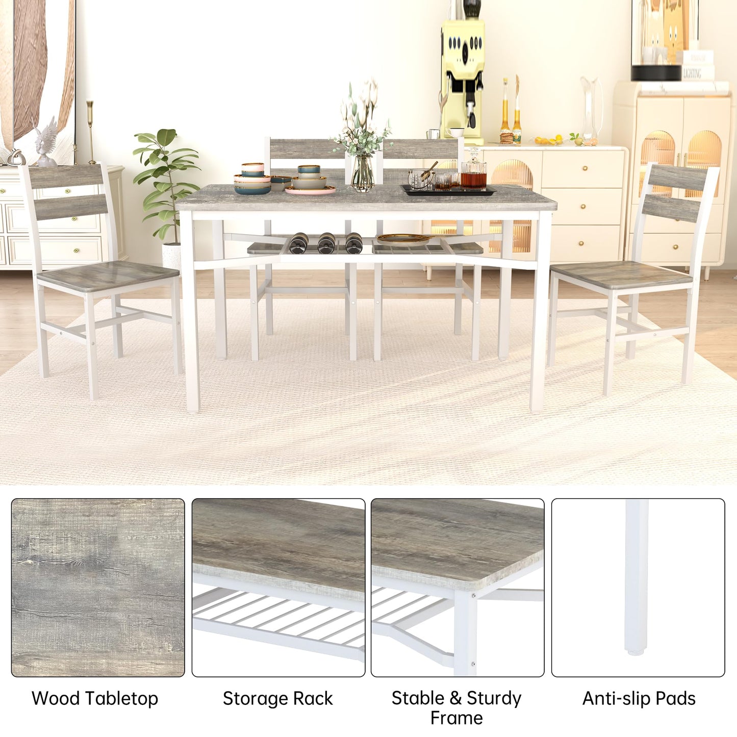 Hooseng Dining Table Set for 4, Wood Kitchen Table Chairs Set with Storage, Farmhouse 5 Piece Dining Room Table Set, Space-Saving Dinette Set for Breakfast Nook, Apartment