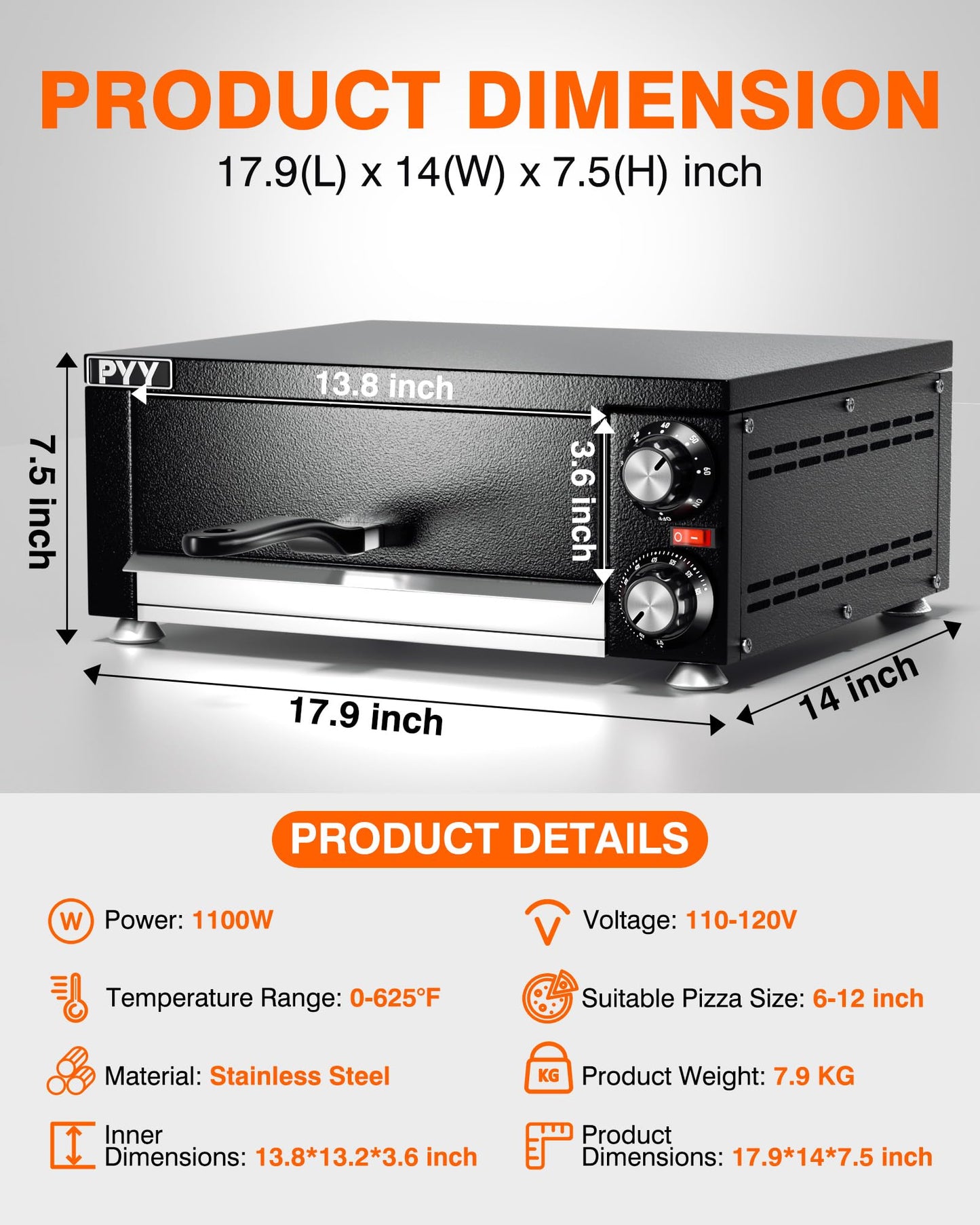 PYY Electric Pizza Oven Indoor Countertop Pizza Oven Commercial Pizza Maker Machine for Home with Timer Stainless Steel Pizza Cooker,Matte Black