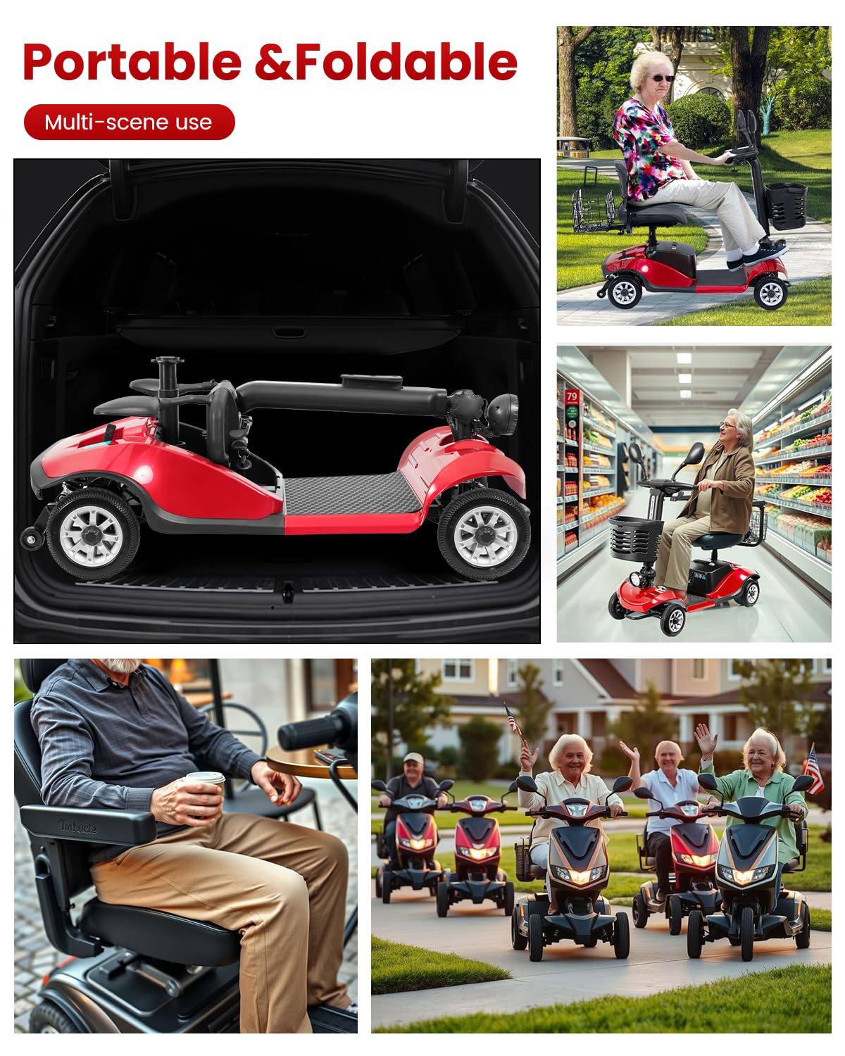 4 Wheel Compact Mobility Scooter for Seniors and Adults,Foldable Electric Scooter, Heavy Duty Travel Model with Lights, Basket, and Long-Lasting Battery208 red