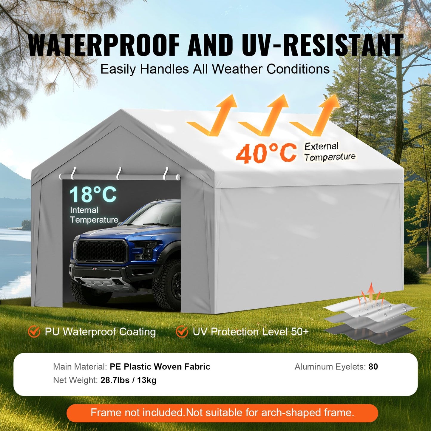 VEVOR Carport Replacement Canopy Cover Top + Side Wall 10 x 20 ft, Garage Tent Shelter Tarp Heavy-Duty Waterproof & UV Protected, Easy Installation with Ball Bungees,Grey (Frame Not Included)