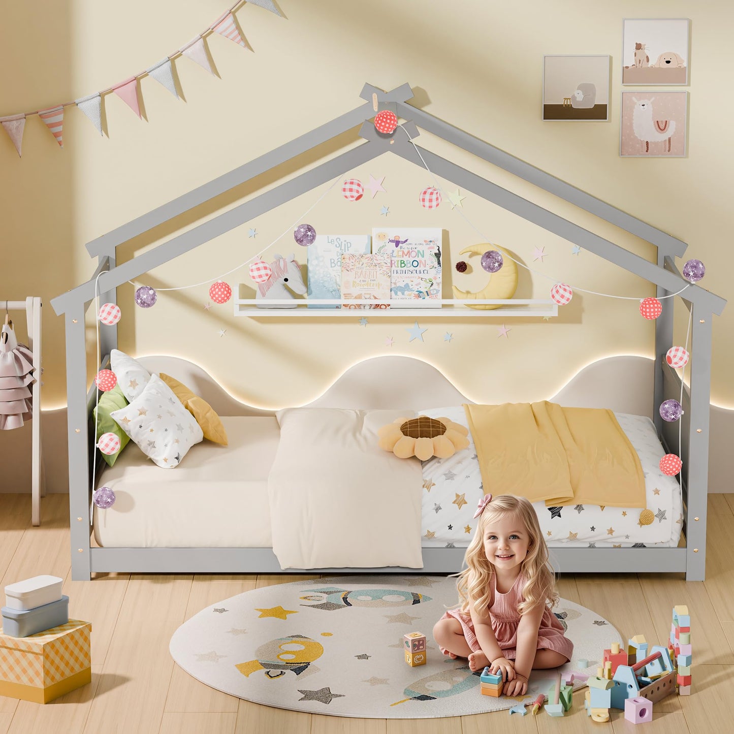 Redpick Twin House Bed, Montessori Floor Bed with Headboard & Footboard, Solid Wood Bed Frame for Toddlers Teens Bedroom, No Box Spring Needed, Grey