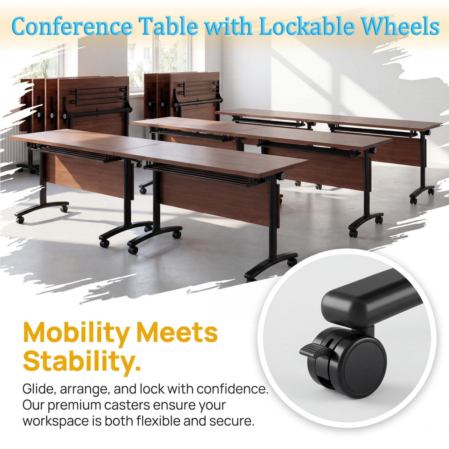 JNMDLAKO Modular Folding Conference Table with Locking Wheels, 10 Pack Flip Top Mobile Training Table, Modern Meeting Seminar Tables for Office, Hotel Conference Room(10,Walnut,47" L x 23" W x 29" H)