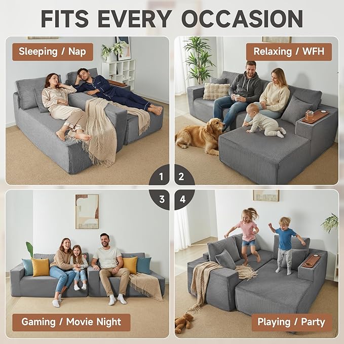 Modular Sectional Sofa Cloud Couch with Multi-Functional Armrests, Boneless Plush L-Shape Living Room Couch with Deep Seat, Fluffy Comfy Sleeper Sofa Easy Assembly (Gray, Left Chaise)