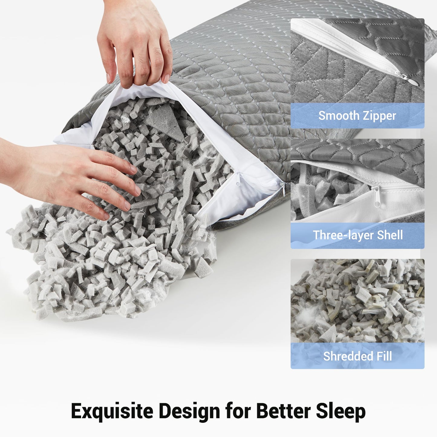 puredown Pillows Queen Size Set of 2, Shredded Memory Foam Pillows, Cooling Foam Pillow for Sleeping, Soft Bed Pillow Queen Size with Adjustable Foam for Side, Back and Stomach Sleepers, Grey