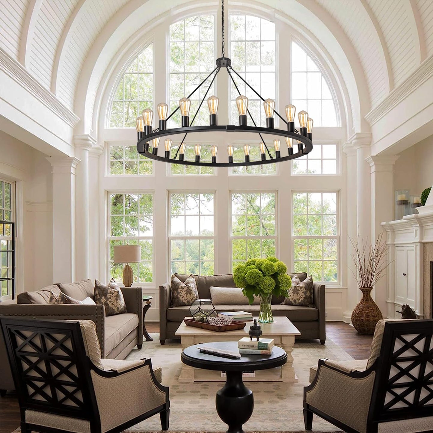 Rviezza Wagon Wheel Chandelier 24-Light 48-Inch, Black Round Rustic Farmhouse Chandelier Extra Large for High Ceilings, Dining Room, Living Room