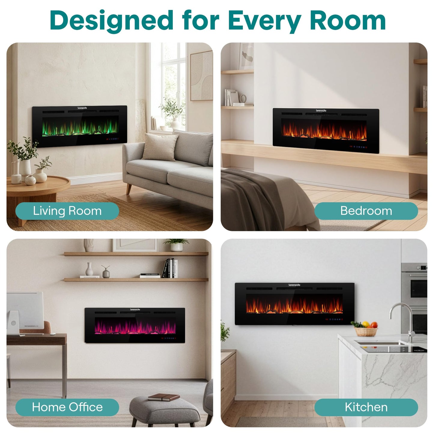 SereneLife 50 inch Electric Fireplace Heater with LED Flame, Smart Wi-Fi, Remote, Thermostat, 13 Color Modes, Recessed or Wall Mounted Fire Place, Quiet Operation, Overheat Protection, Black Frame