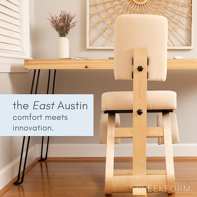 Sleekform East Austin Ergonomic Kneeling Chair with Back Support - Winter Linen and Wood Ergo Stool for Desk - Best Ergonomic Kneeling Office Chair for Posture and Leg Circulation