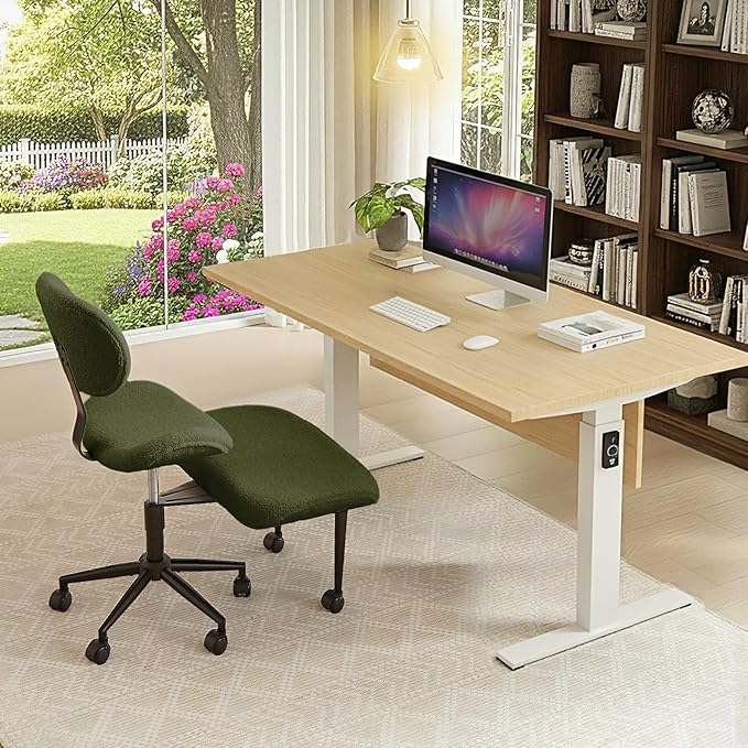 Cross Legged Office Chair with Wheels for ADHD, Ergonomic 360° Swivel Height-Adjustable Meditation Chair for Yoga, Wide Kneeling Chair with Strong Lumbar Support, Teddy Fabric, Green