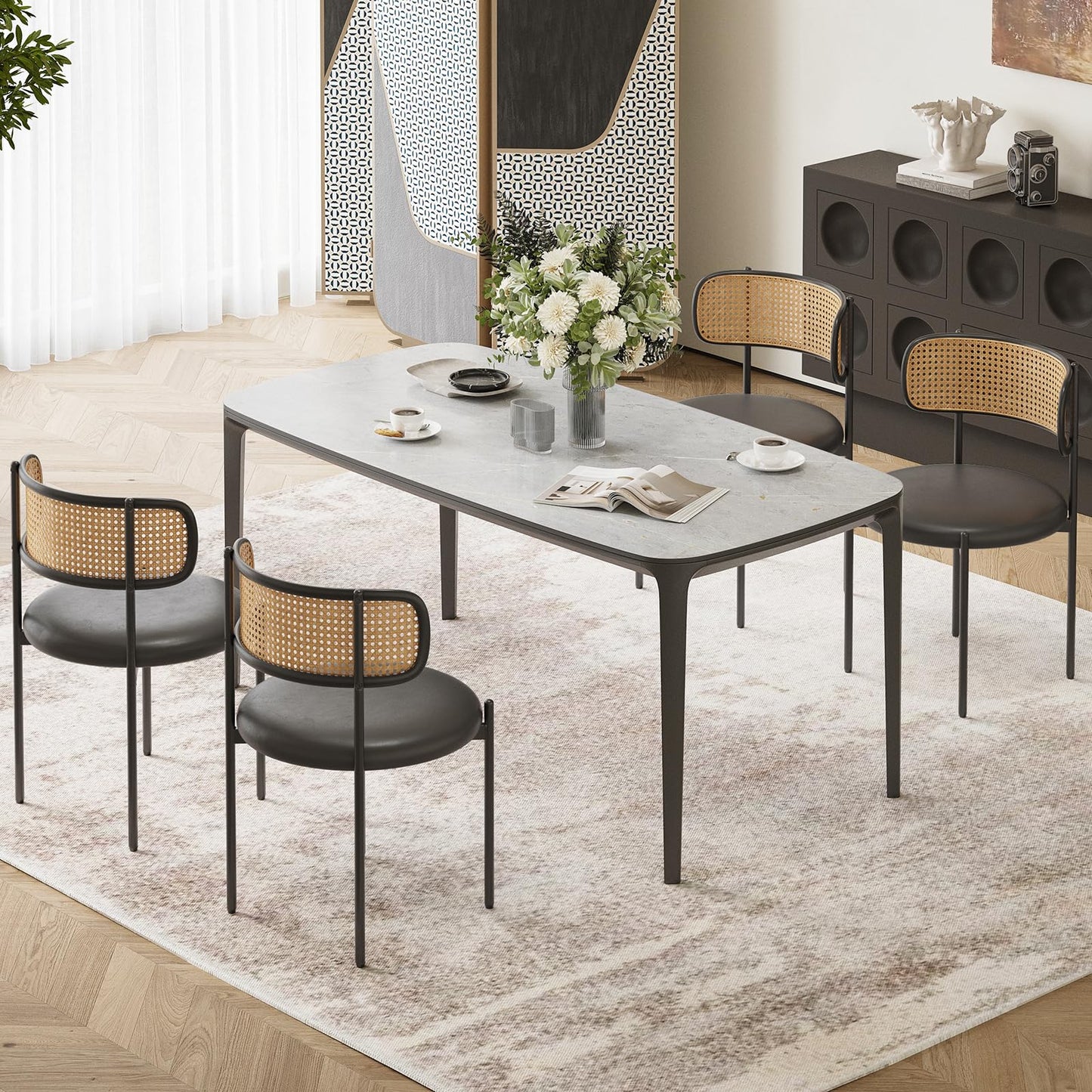 Farini Dining Chairs Set of 4, PU Leather Upholstered Seat with Woven Rattan Back, Sturdy Metal Legs Modern Side Chairs for Kitchen Living Room Restaurant, Black
