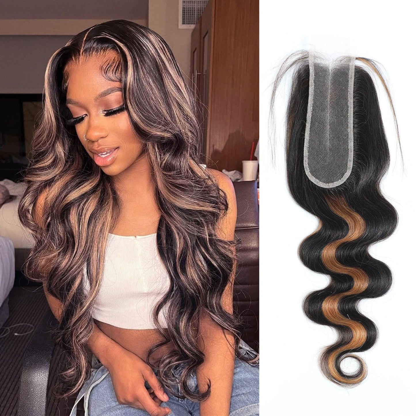 DSEKCAIN Body Wave 2x6 HD Lace Closure P1B/30 Highlight Brown Black Human Hair Transparent Lace Closure 2x6 Long Deep Middle Par