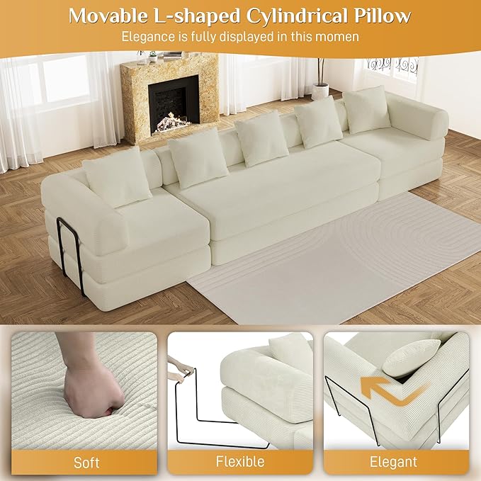 DAMAIFROM 157" Convertible Sleeper Sofa Bed Set with Pillow, 4-in-1 Corduroy Folding Mattress Boneless Couch with Fixed-Shape Frame, Fold Out Floor Sofa Cama Lounge Couch for Living Room, Beige White