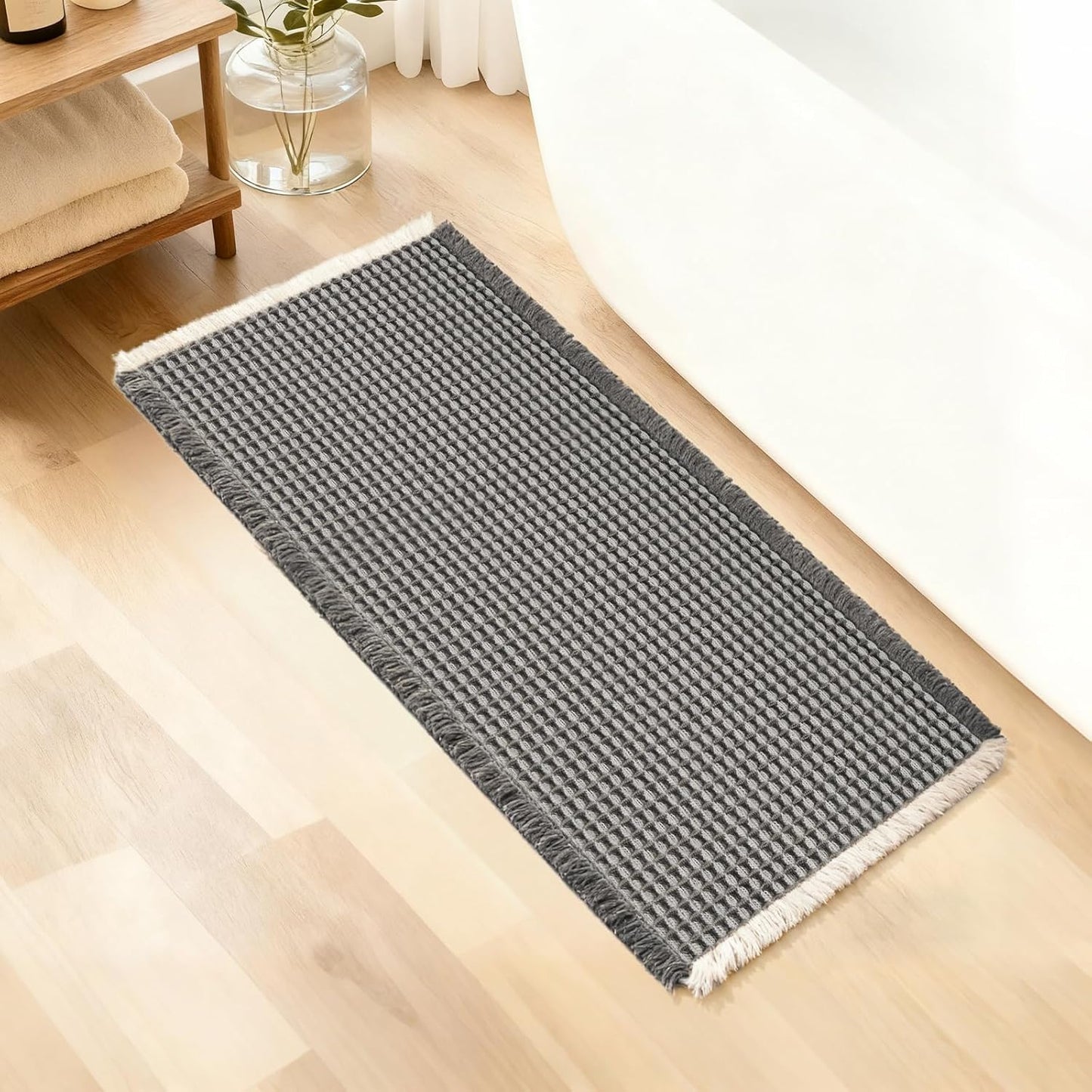 ArtyCozy Waffle Bath Mat, Super Absorbent Soft Non-Slip Boho Bath Rugs with Flat-Woven Hot Glue Backing for Bathroom, Machine Washable Bath Mats, 20" × 47", Grey & White
