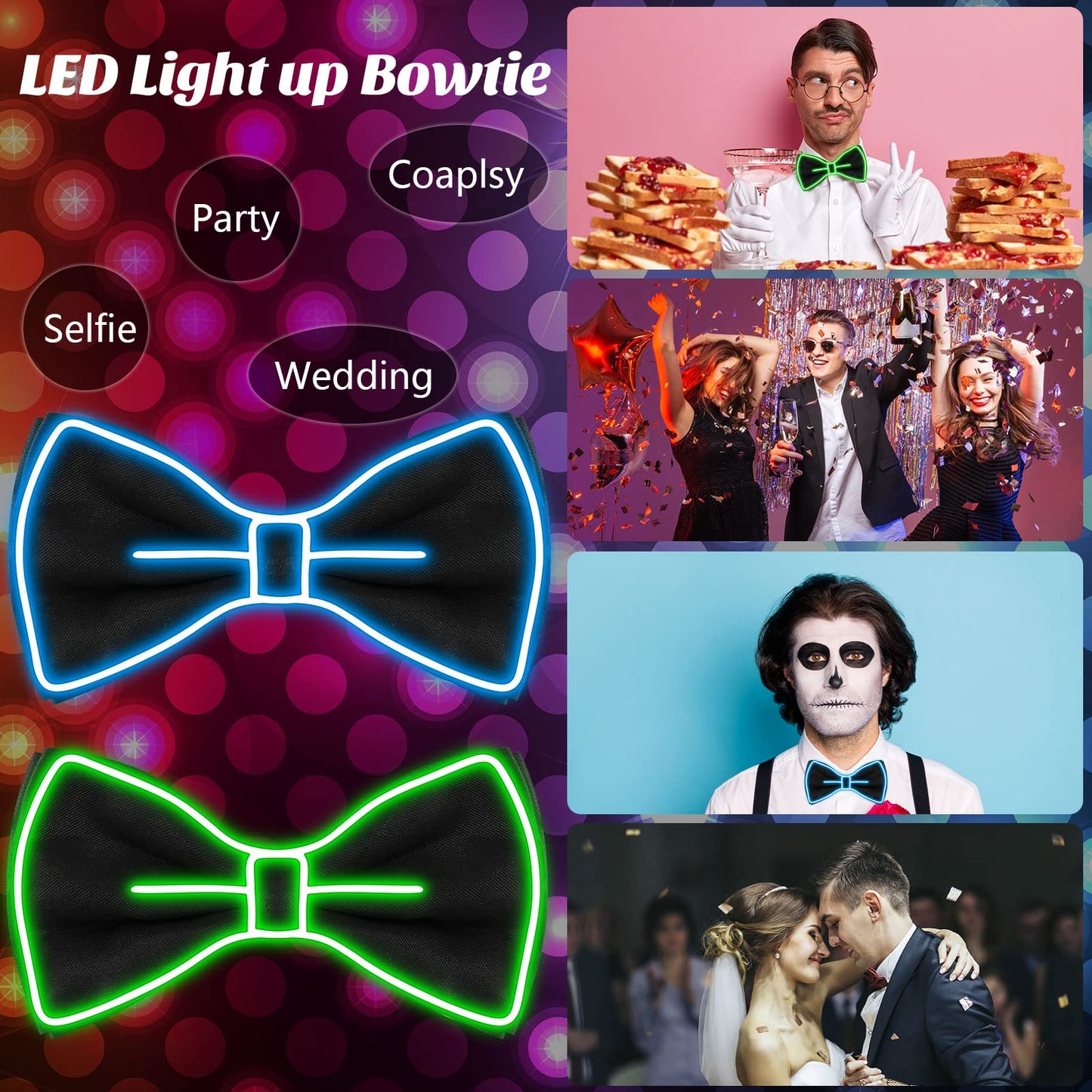 Hercicy Light up Bow Tie for Men LED Neon Bowtie Funny Ties Women Glow in the Dark Party Costume(Fluorescent Green, Blue,2 Pcs)