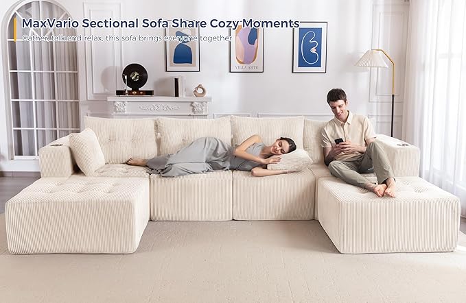 MAXYOYO 129.5" Modular Sectional Sofa Couch, U Shaped Modern Cloud Couch with 2 Ottomans, Sofa in A Box, Tufted 6-Seat Boneless Sleeper Chair for Living Room, No Assembly Required, Beige