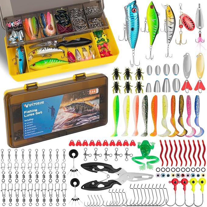 WITOROR Fishing Lures, Tackle Box with Tackle Included, Crankbaits, Spoon, Hooks, Weights & Other Accessories, Fishing Bai...