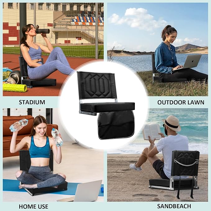 Comfortable Stadium Seats for Bleachers with Back Support & Cushioned Seat, Shoulder Strap, Carry Handle, and Storage Pockets, Perfect for Sports, Concerts, Camping & Outdoor Events, 2pack, Black
