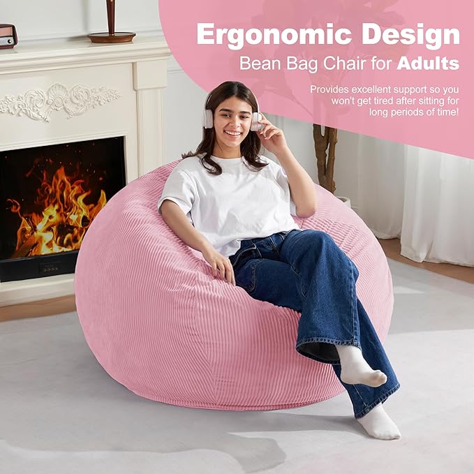 Homguava 3.5FT Bean Bag Chair: Teardrop Bean Bags with Memory Foam Filled, Compact Beanbag Chairs Soft Sofa with Corduroy Cover (Light Pink)