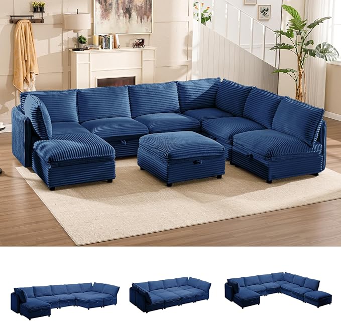 FIRLZY Oversized Modular 8 Seater Sofa with Removable Covers and Storage, Convertible U, L-Shaped and Sleeper Sectional, Modern Corduroy Couches with Ottoman Chaise for Living Room, Blue