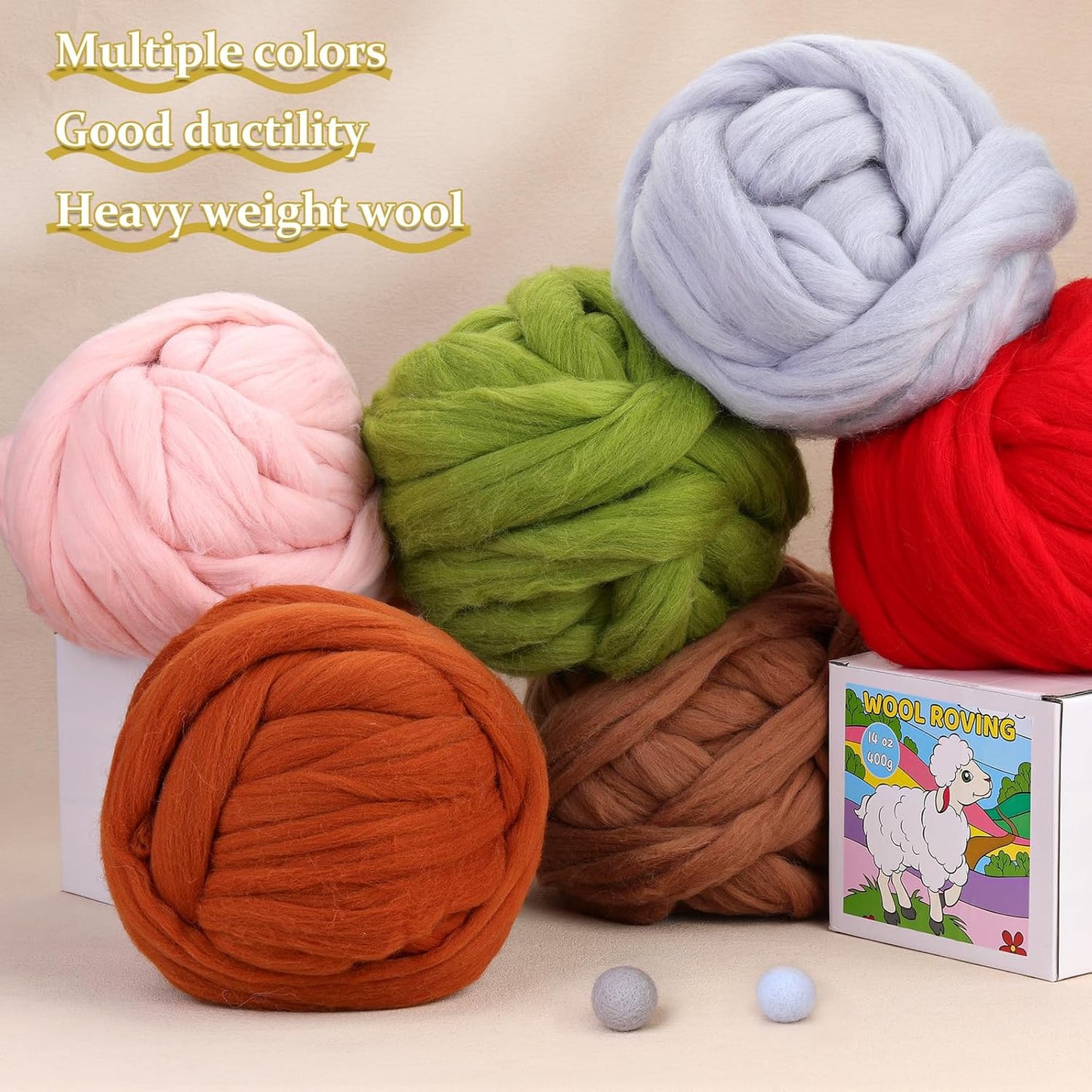 QMNNMA Wool Roving Bulk, 14.1oz Needle Felting Wool, Super Wool Chunky Yarn for Needle Felting, Hand Spinning, Blending, Weaving and DIY Craft (400g)