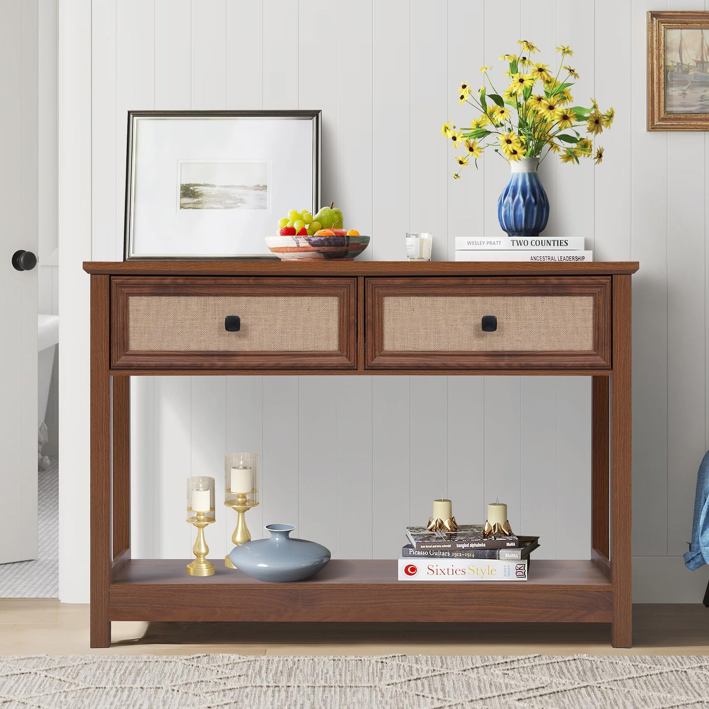 Boho Console Table with Burlap Rattan Drawers, 2 Tier Modern Narrow Entryway Table Foyer Table with Open Storage Shelves, Hallway Accent Table Behind Couch Table for Living Room, Walnut