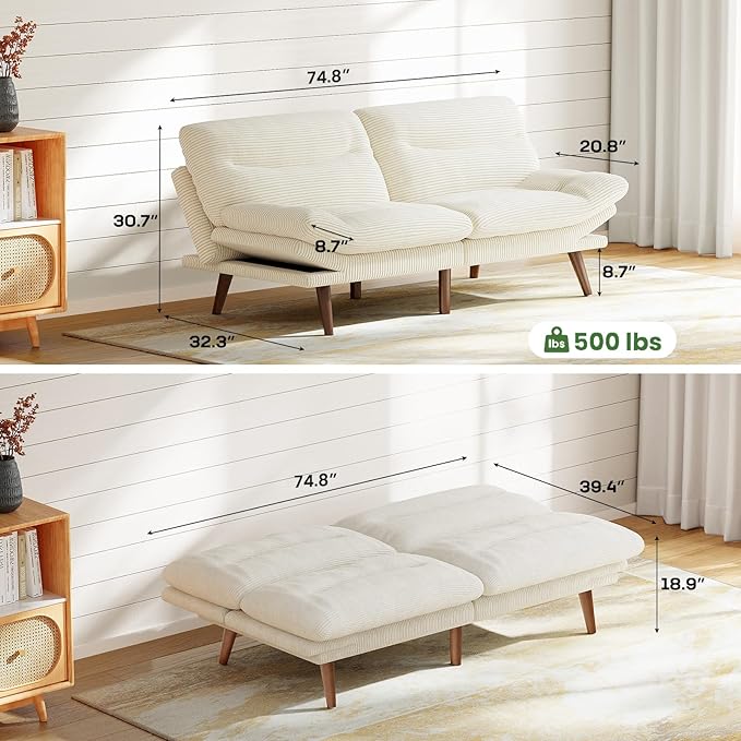 Marsail 75" Futon Sofa Bed, Corduroy Loveseat Futon Couch with Adjustable Backrest & Armrests, Convertible Sleeper Sofa Bed for Apartment, Living Room, Office, White