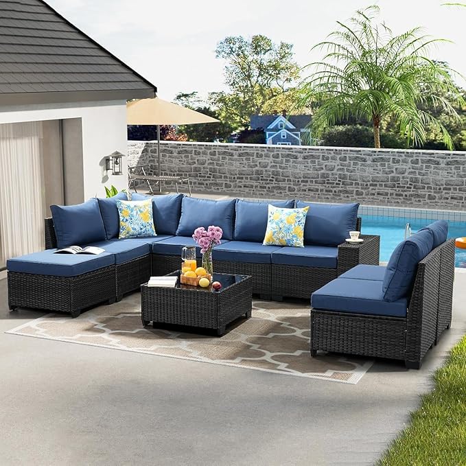 SunloungeCo 9 Pieces Outdoor Patio Furniture Set, Wicker Conversation Sets with Tea Table, Rattan Patio Sofa with Thick Cushions for Garden, Backyard Porch, Poolside,Navy