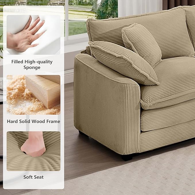 mikibama Luxury 3 Piece Sofa Set, 3-Seater & 2 Loveseat Couch Set, Modern Corduroy Comfy Cloud Couches Set for Living Room Office with 6 Armrest Pillows and 7 Toss Pillows, Camel