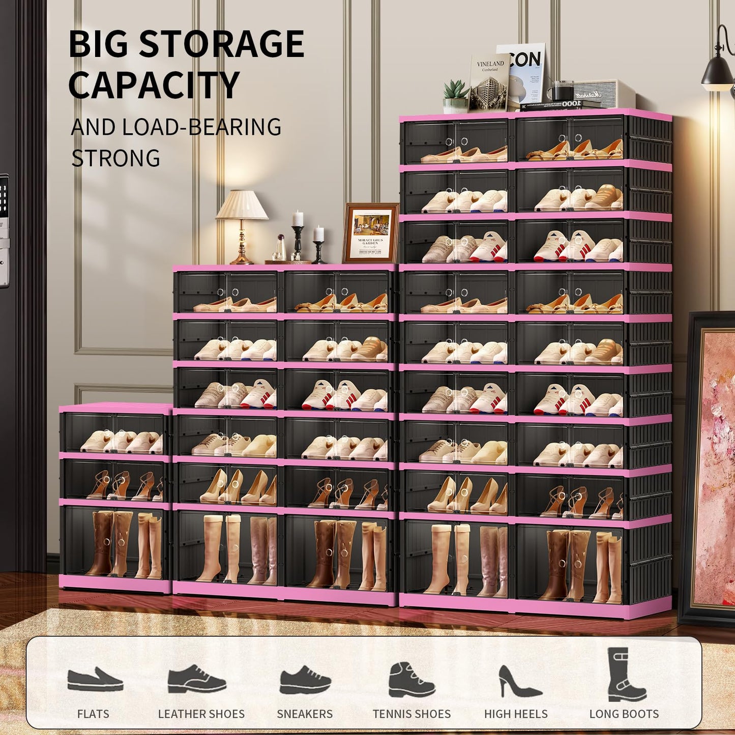 CIMLORD 9-Tier Foldable Shoe Rack Organizer for Closet,36 Pairs Collapsible Plastic Shoe Shelf,Large Shoes Cabinet with Door,Clear Stackable Storage Box Easy Assembly（Black-pink）