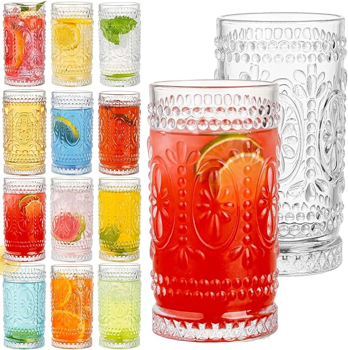 Claplante Vintage Drinking Glasses Set - 12 Pcs Romantic Highball Tumblers, 15oz Cups for Water, Mojito, Cocktail, Whiske...