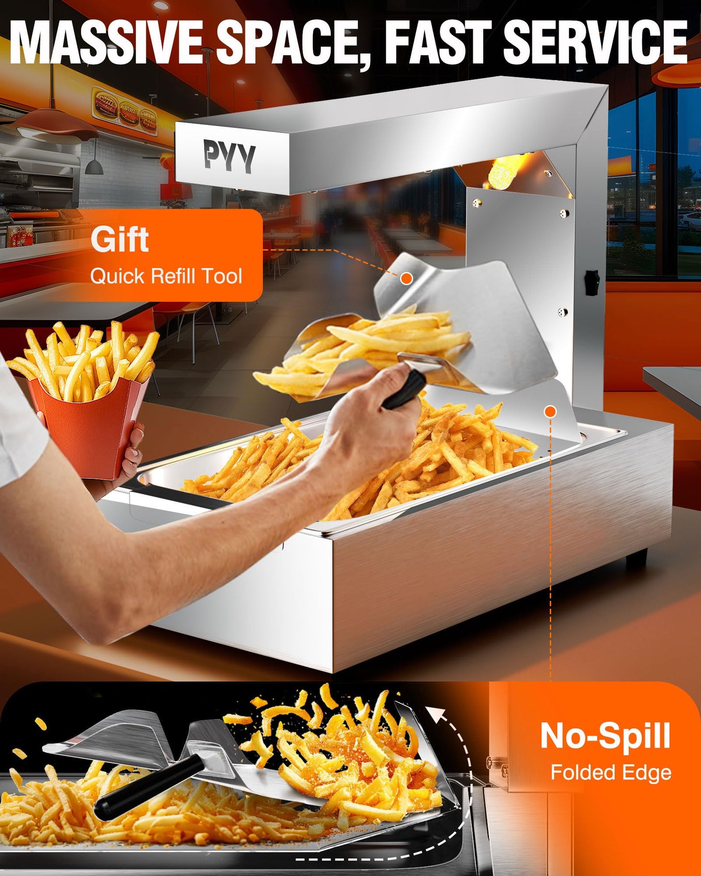 PYY French Fry Warmer - Commercial Food Heat Lamp Food Warmer Light 122°F Free-Standing Warming Fry Dump Station Countertop Fries Warmer Commercial Food Warmer for Chips Churros Buffet Restaurant