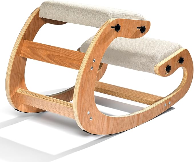 Easyego Kneeling Chair Ergonomic Posture Chair, Wood Adjustable Rocking Knee with Soft Padding, Natural Relief for Neck or Back Pain for Home Office, Max Load 300 lb - Beige